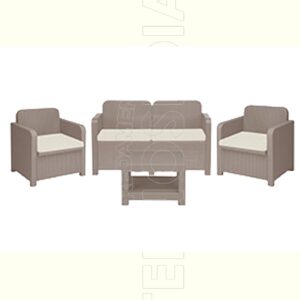 Set in rattan per uso esterno composto da: num. 1 Tahiti biposto; num. 2 Tahiti poltrona; num. 1 Tahiti Tavolino; num. 4  Tahiti cuscino.